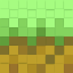 Large multi-layered pixelated green and brown earth background made of cubes in different shades of green. Modern game background. Green Large multi-layered pixelated green and brown earth background 