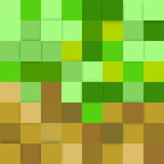 Large multi-layered pixelated green and brown earth background made of cubes in different shades of greenand brown. Modern game background. Green squares background for banner