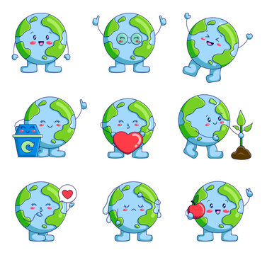 Funny Earth planet cartoon character. Cute kawaii globe with different face expression. Hand drawn style. Vector drawing. Collection of design elements.