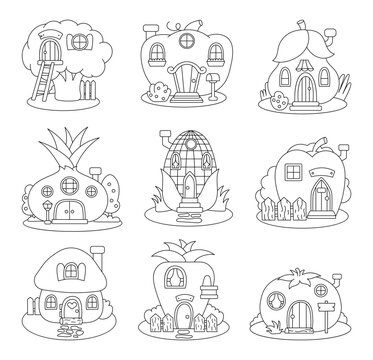 Fairytale vegetables house. Coloring Page. Food with doors and windows. Fantasy home. Hand drawn style. Vector drawing. Collection of design elements.