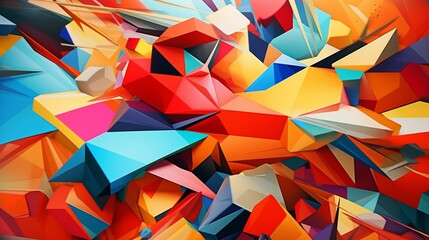 An abstract 3D composition of geometric shapes in vibrant, fragmented colors, resembling a Cubist painting.