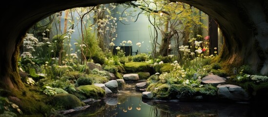 In a bustling city like London, the Chelsea flower show is a highly anticipated event, showcasing the artful arrangements of various plant species, highlighting the lumps and bumps of textured moss - obrazy, fototapety, plakaty
