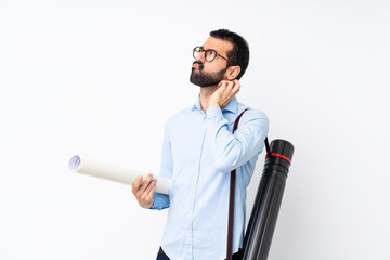 Young architect man with beard over isolated white background having doubts