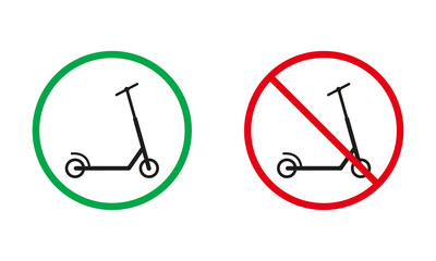 Kick Scooter Warning Sign Set. Push Scooter Allowed and Prohibit Silhouette Icons. Electric Scooter Red and Green Circle Symbol. Using Street City Eco Transport. Isolated Vector Illustration