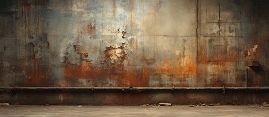 In a forgotten corner of the dilapidated factory, an abstract vintage painting adorned the grungy metal wall, its flat and old surface covered in rust, corrosion, and weathered cracks, revealing the
