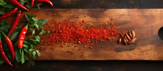 From a top view, a wooden cutting board displayed a vibrant red serrano pepper, sliced into thin pieces, releasing the spicy scent of capsaicin and paprika, adding heat to the dish with its fiery