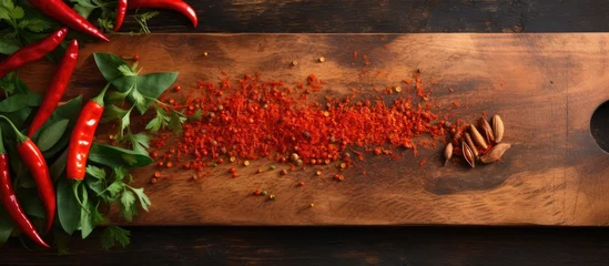 Fotobehang From a top view, a wooden cutting board displayed a vibrant red serrano pepper, sliced into thin pieces, releasing the spicy scent of capsaicin and paprika, adding heat to the dish with its fiery © AkuAku