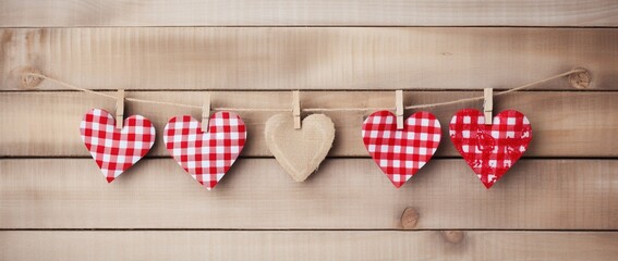 Valentine's day background with hearts and clothespins on wooden wall
