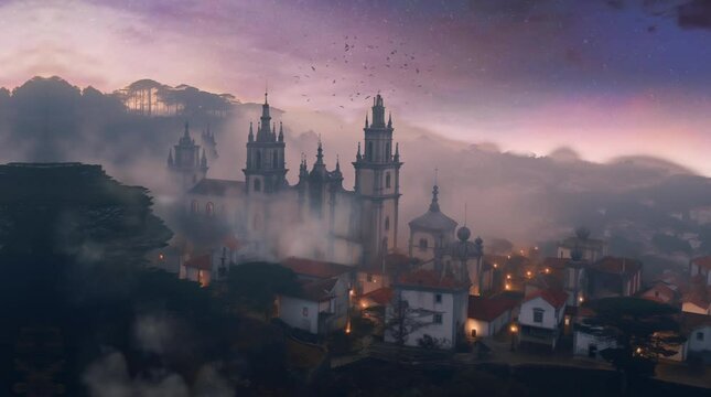 time lapse above the beautiful catle and houses somewhere in Greece, golden hour