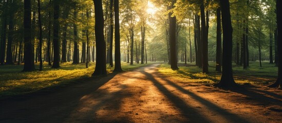 As the sun glistened on the clear sky above, roads lined with towering forest trees stretched ahead, their branches casting shadows on the sandy path.