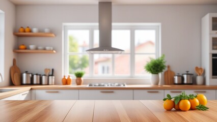 Empty Wooden Countertop With Defocused Kitchen Background