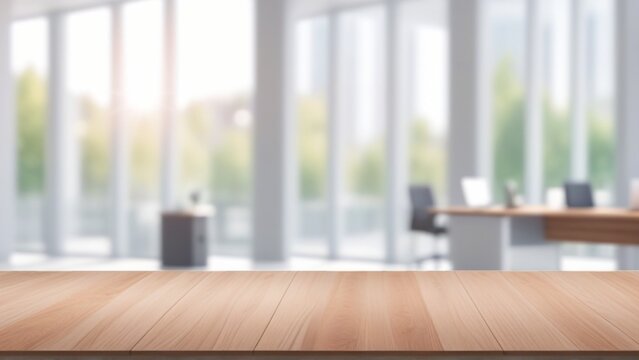 Empty wood table top and blurred bokeh office interior space banner background