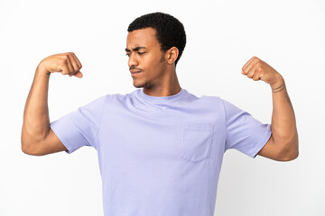 Fototapeta premium African American handsome man on isolated white background doing strong gesture