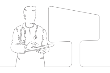 Doctor with a tablet. The surgeon looks at the big screen. Medical technologies. Doctor online. One continuous line drawing. Linear. Hand drawn, white background. One line.