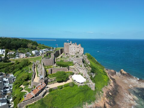 Mont Orgueil Castle, Gorey Jersey Channel Islands drone,aerial