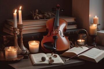 Vintage instruments candles books. Incredible and artistic objects bathed glowing light. Generate AI