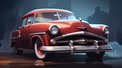 Create a caricature painting of a vintage 1950s car with exaggerated features.