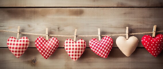 Fototapeta premium Hearts hanging on rope over wooden background. Valentines day background