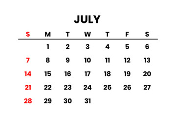 July 2024 Calendar png transparent background 