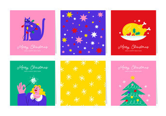 Christmas greeting cards or tags with lettering and hand drawn design elements. Postcard or invitation template. 