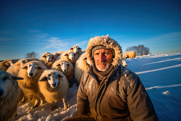 Shepherd caring for his sheep in a snowy field on a winter morning - obrazy, fototapety, plakaty