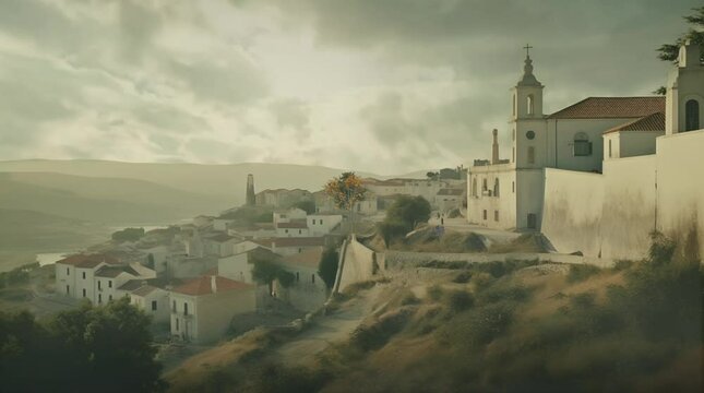 time lapse above the beautiful catle and houses somewhere in Greece
