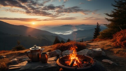 Flaming campfire in the morning wilderness in mountain landscape