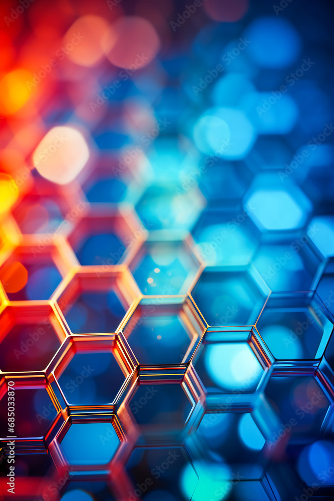 Aufkleber colored luminous various hexagon cells. abstract science composition with shallow depth of field.