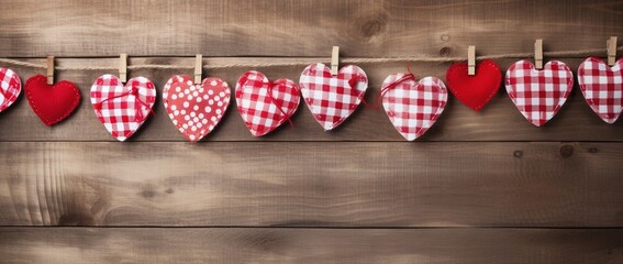 Obraz premium Hearts hanging on rope over wooden background. Valentines day background