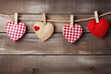 Hearts hanging on rope over wooden background. Valentines day background