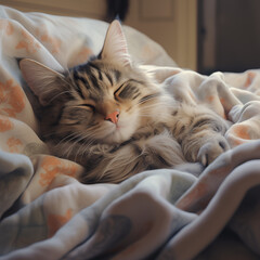 A Cute Cat Sleeping in Bed