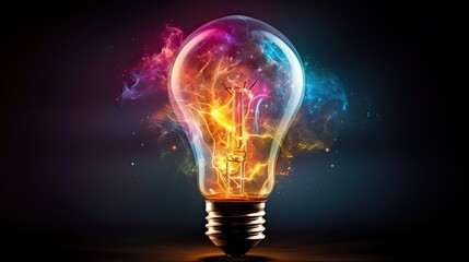 Light bulb explodes with colorful dust splashes and electric flame on dark background