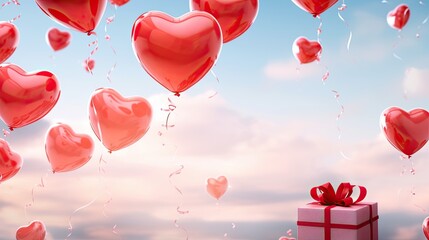 Heart shape balloons flying on the sky and a gift box stand on clouds