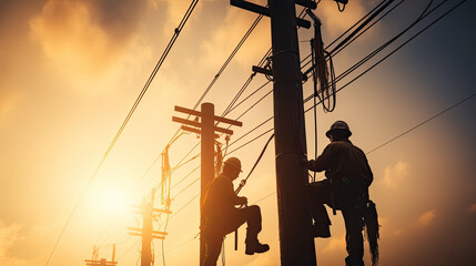 Professional Electricians Installing and Repairing Power Lines on Electric Poles