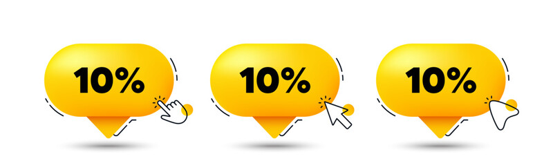 10 percent off sale tag. Click here buttons. Discount offer price sign. Special offer symbol. Discount speech bubble chat message. Talk box infographics. Vector
