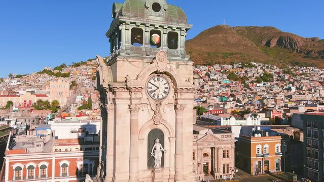 Mexico, Pachuca: Aerial view of capital city of Mexican state of Hidalgo at sunrise, Monumental Clock (Reloj Monumental de Pachuca) - landscape panorama of Latin America from above