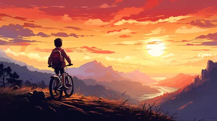 Rolgordijnen kid on bicycle on a mountain © khan