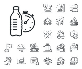 Training drink time sign. Plane jet, travel map and baggage claim outline icons. Fitness water line icon. Gym fit bottle symbol. Fitness water line sign. Car rental, taxi transport icon. Vector