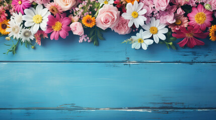 Floral Display on Blue Wooden Table with Copy Space