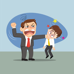Bad angry boss punching employee in office. boss and employee have conflict,illustration vector eps10 cartoon.