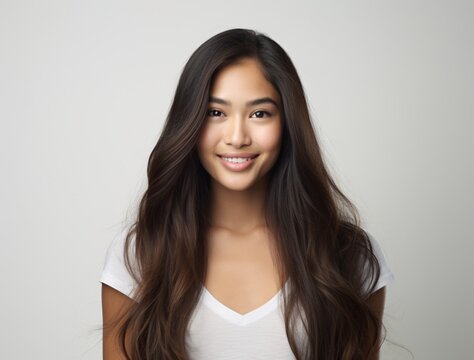 asian young woman with long brown hair and smiling on white background, light gray and dark brown, exaggerated facial features, princesscore