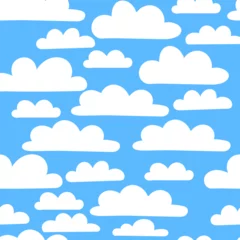 Foto auf Acrylglas Cute kawaii seamless pattern with cute rainbow, cloud. Blue sky with white clouds. Cartoon cloud vector set. Baby cute pastel colors. Vector Illustration.  © Stilesta