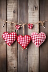 Hearts hanging on rope over wooden background. Valentines day background