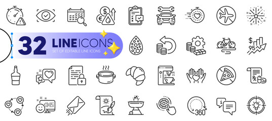 Outline set of Biometric eye, E-mail and Grill line icons for web with Coffee maker, Flight mode, Heart thin icon. Attention, 360 degrees, Timer pictogram icon. Friends community, SaucepanInfo. Vector
