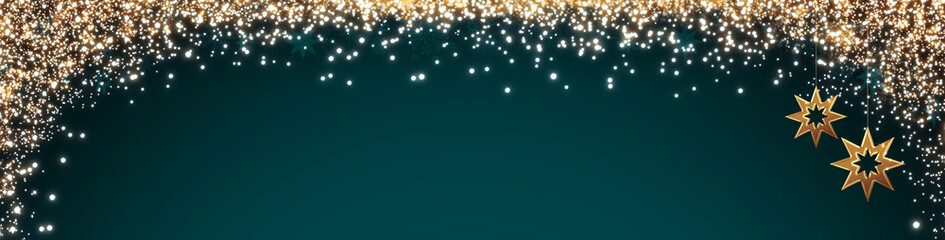 Christmas background with blurred lights and golden stars isolated on green .