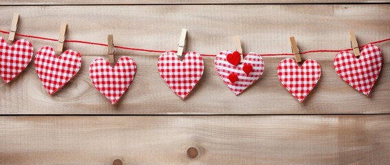 Hearts hanging on rope over wooden background. Valentines day background