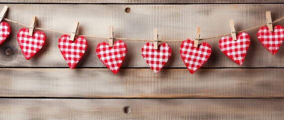 Obraz premium Hearts hanging on rope over wooden background. Valentines day background