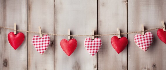 Hearts hanging on rope over wooden background. Valentines day background