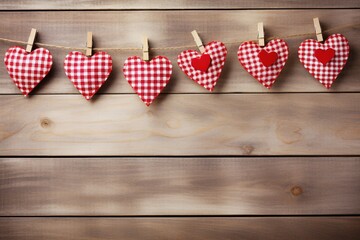 Obraz premium Hearts hanging on rope over wooden background. Valentines day background