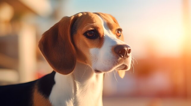Close-up portrait of a Beagle dog with space for text, background image, AI generated